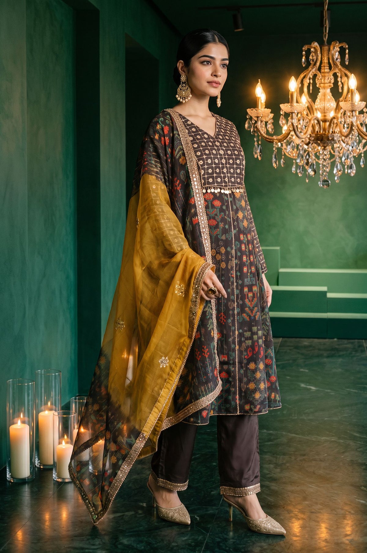 Wishful Coffee Brown Ombre Printed Sequins Organza A-line Kurta with Straight Pants and Dupatta Set