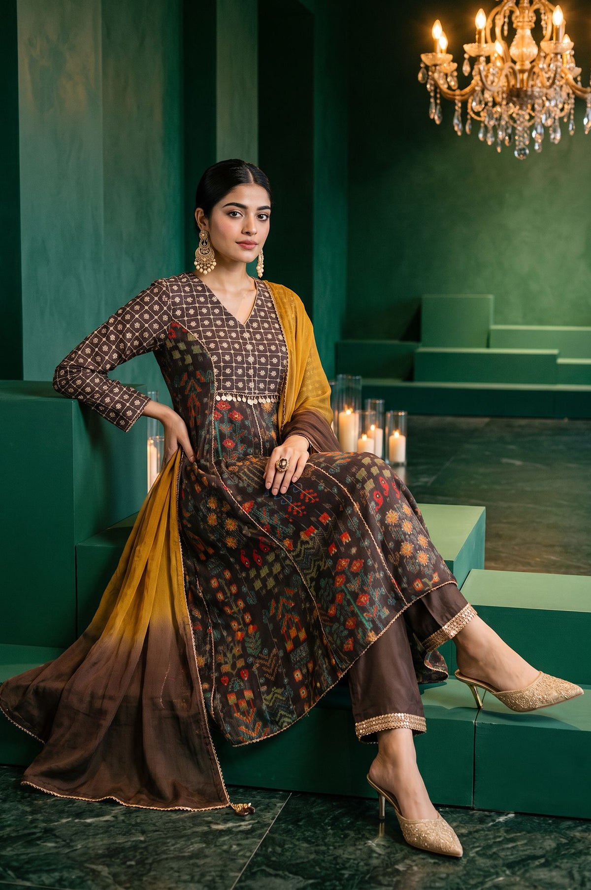 Wishful Coffee Brown Ombre Printed Sequins Organza A-line Kurta with Straight Pants and Dupatta Set