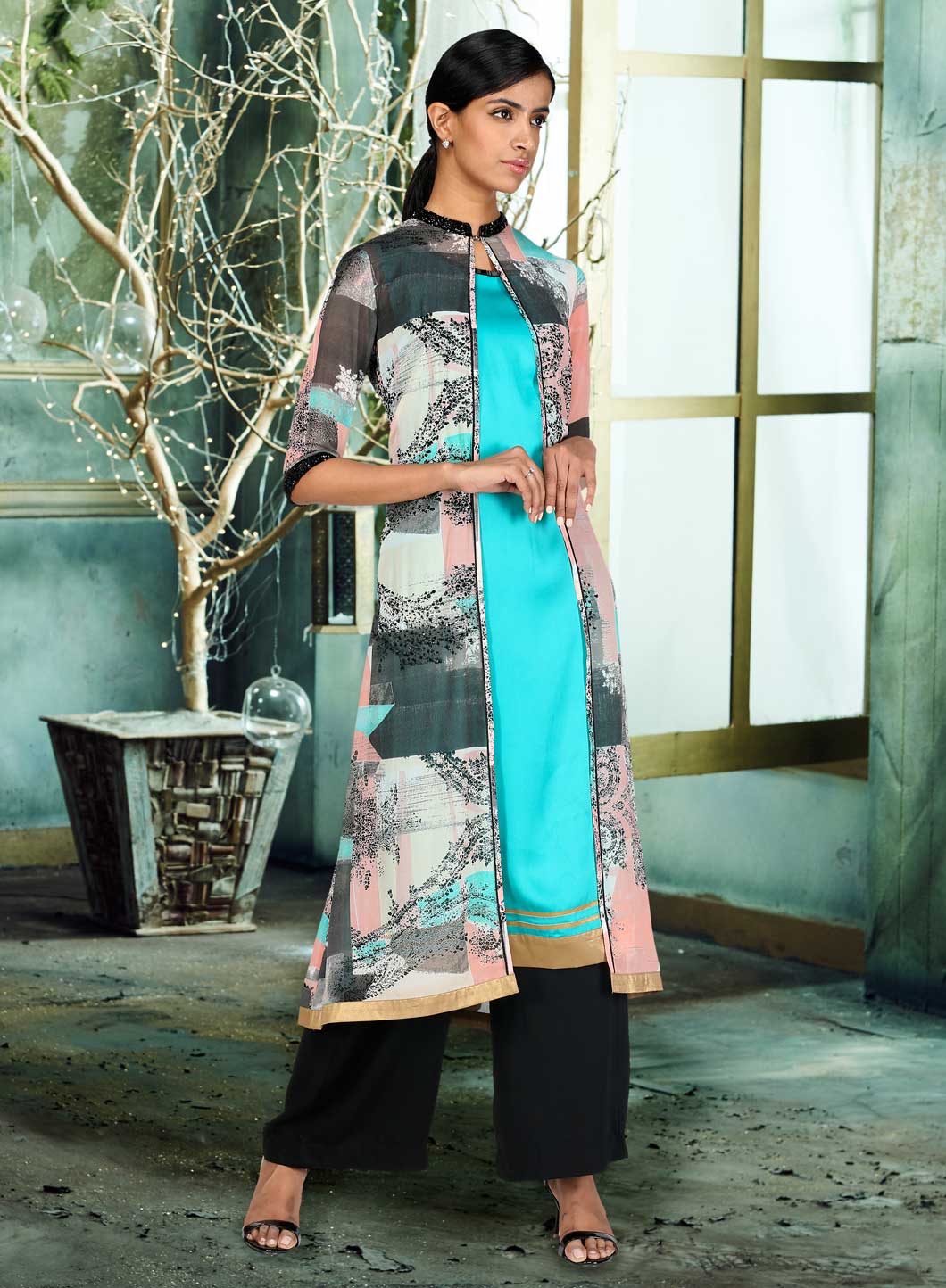 Blue Mandarin Neck Printed kurta