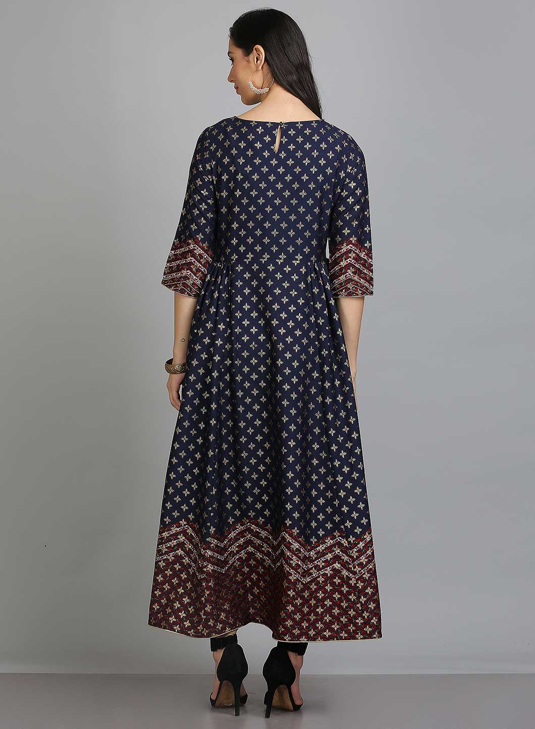 Blue Printed Round Neck 3/4 Sleeves kurta