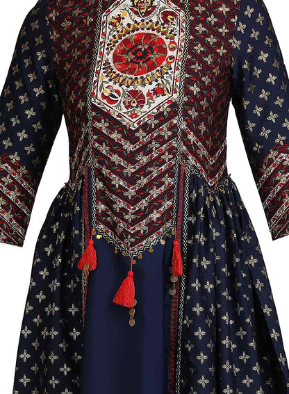 Blue Printed Round Neck 3/4 Sleeves kurta