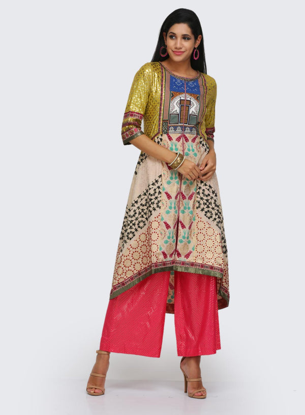 Beige & Yellow Printed kurta