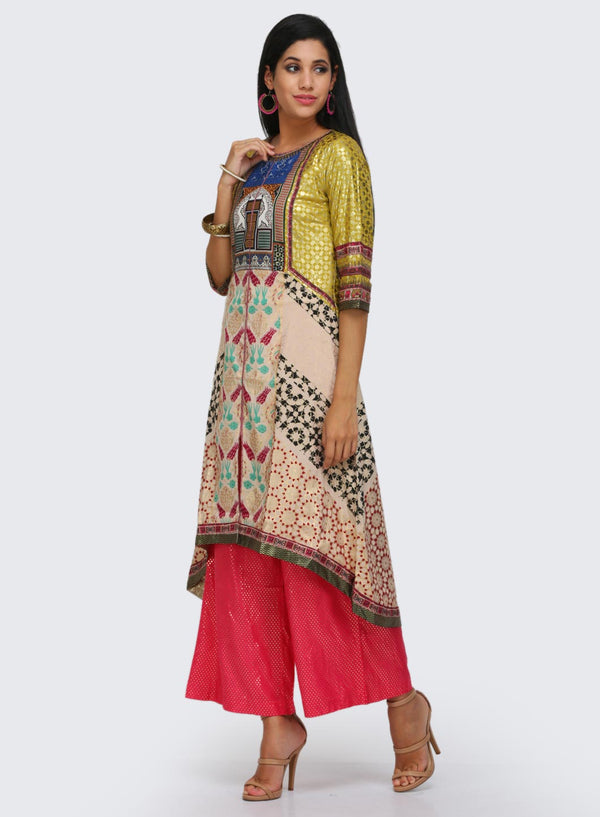 Beige & Yellow Printed kurta