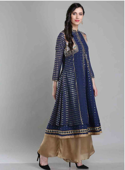 Blue Embellished Mandarin Neck kurta