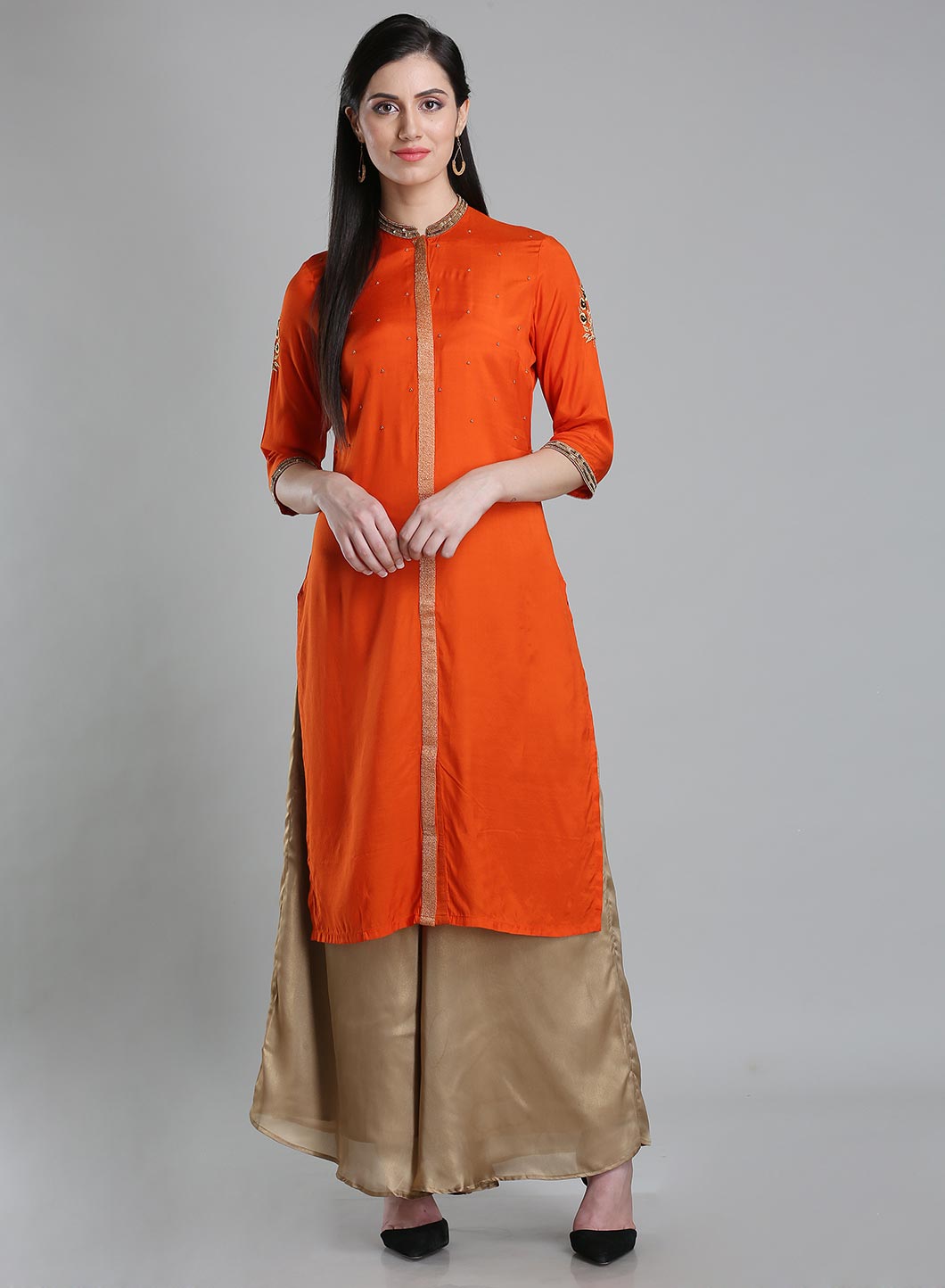 Orange Solid Mandarin Neck kurta