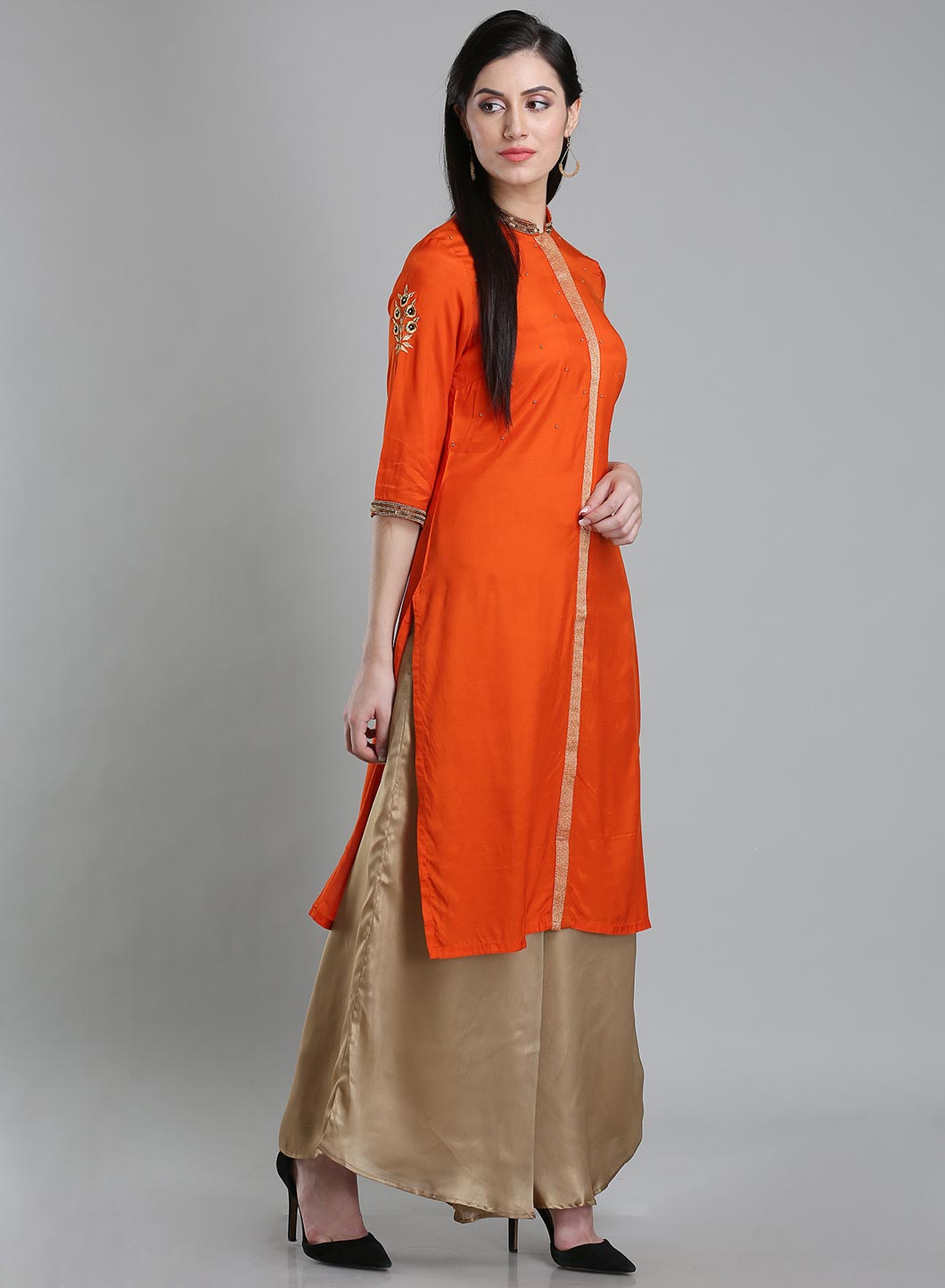 Orange Solid Mandarin Neck kurta