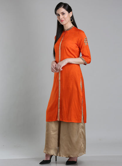 Orange Solid Mandarin Neck kurta