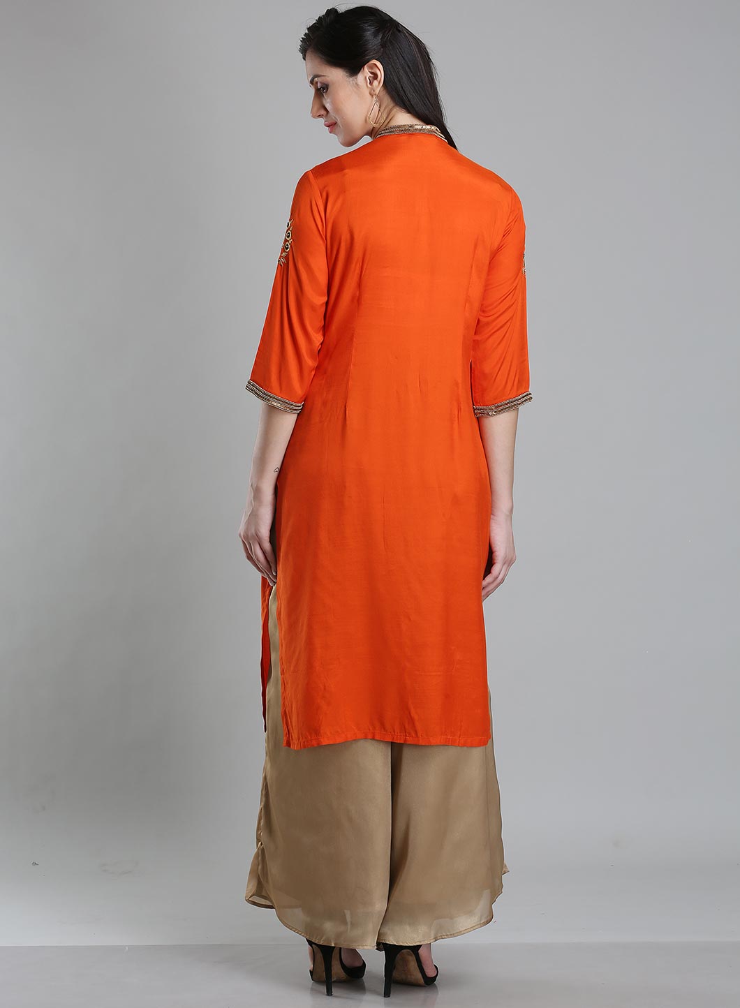 Orange Solid Mandarin Neck kurta