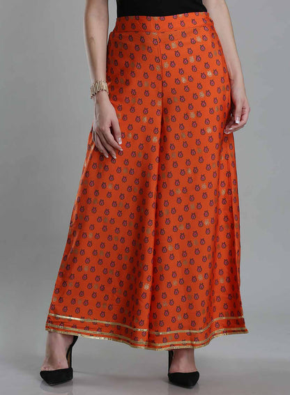 Orange Printed Flared Pants