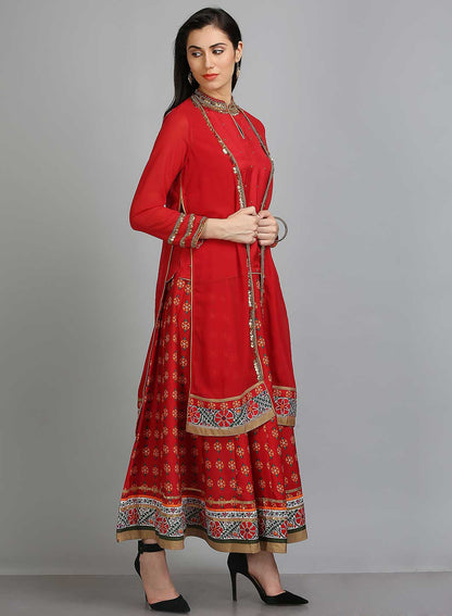 Red Printed Mandarin Neck Ethnic Set