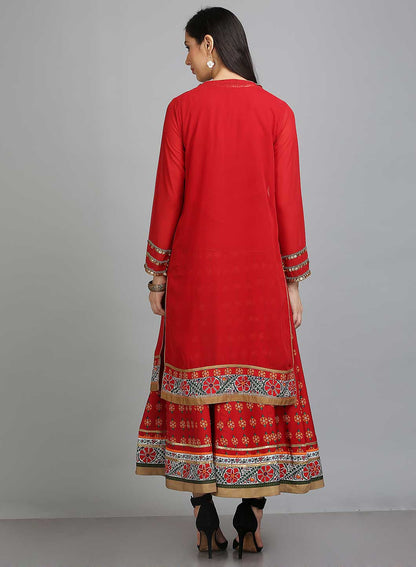 Red Printed Mandarin Neck Ethnic Set