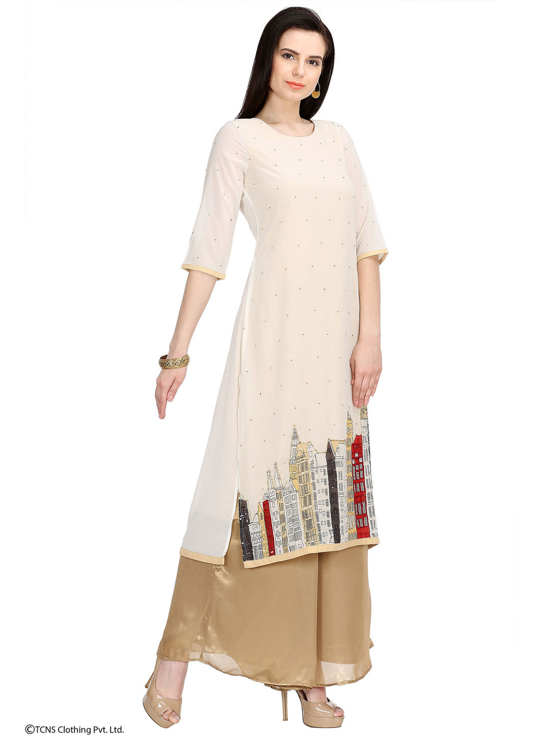 Beige Embellished 3/4 Sleeve kurta