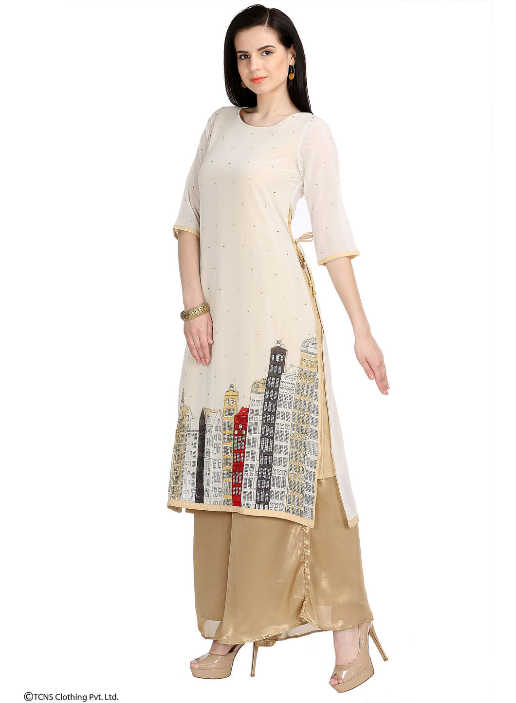 Beige Embellished 3/4 Sleeve kurta