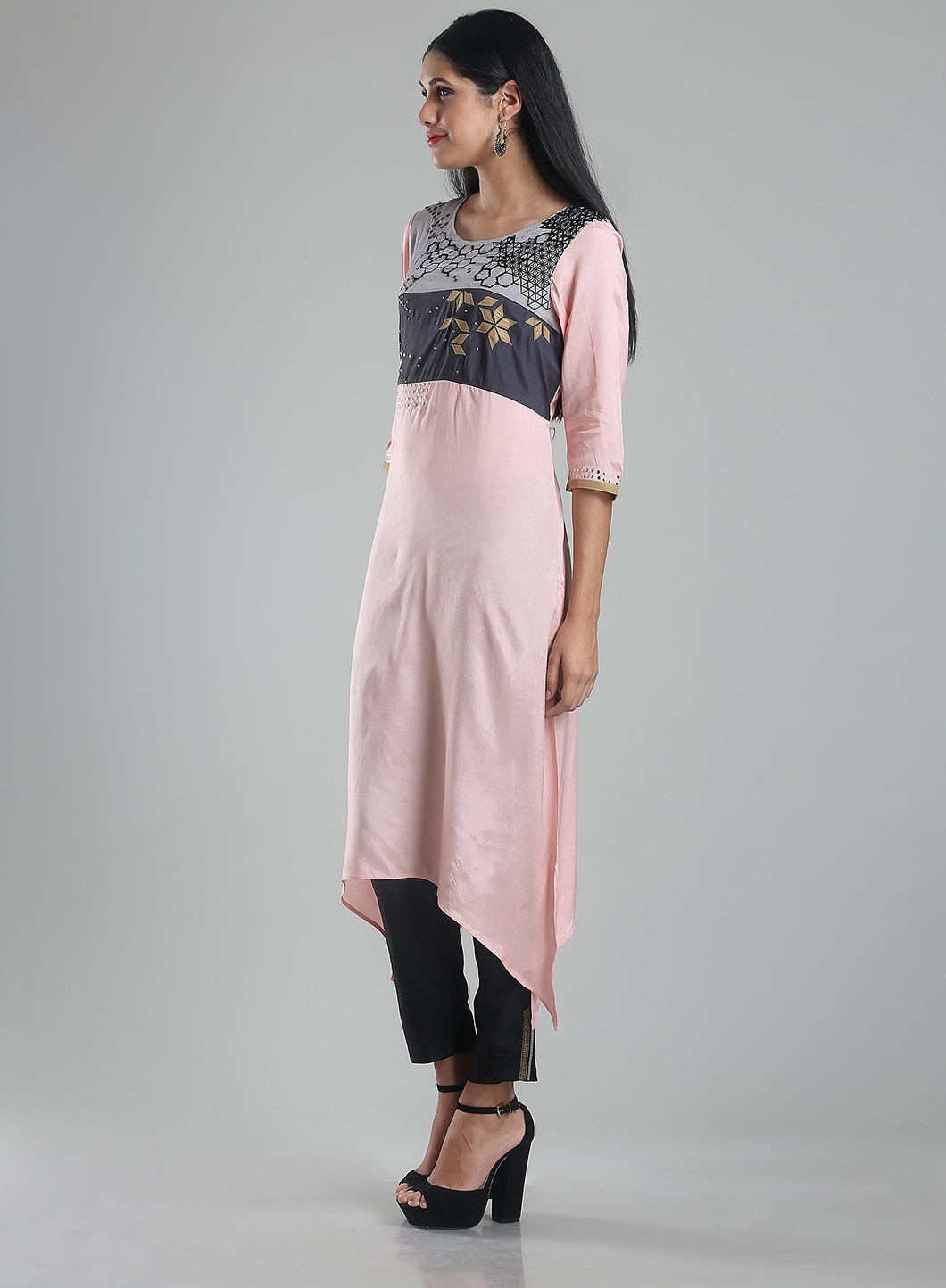 Pink 3/4 Sleeve Printed kurta