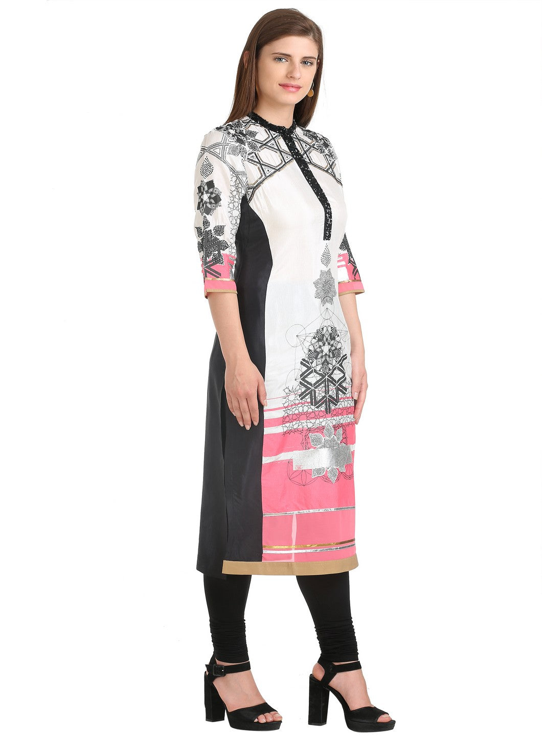 Off White 3/4 Sleeve Mandarin Collar Ecru kurta