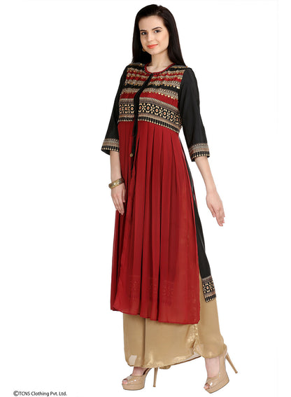 Red Dual Layered Printed 3/4 Sleeve kurta