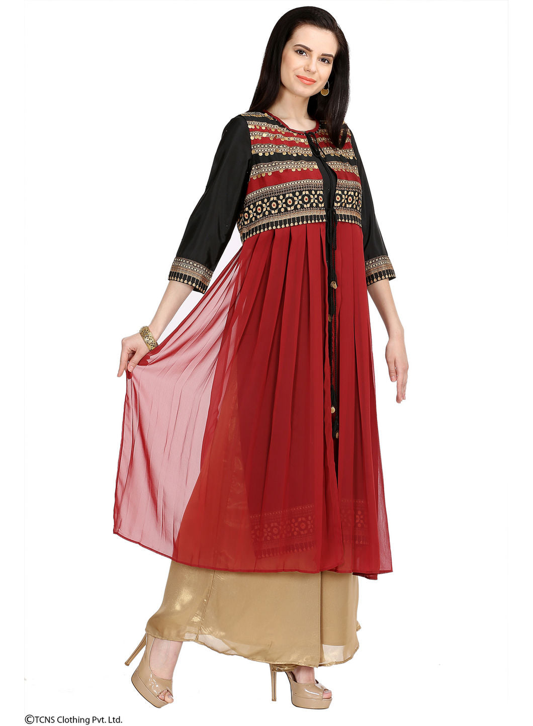 Red Dual Layered Printed 3/4 Sleeve kurta