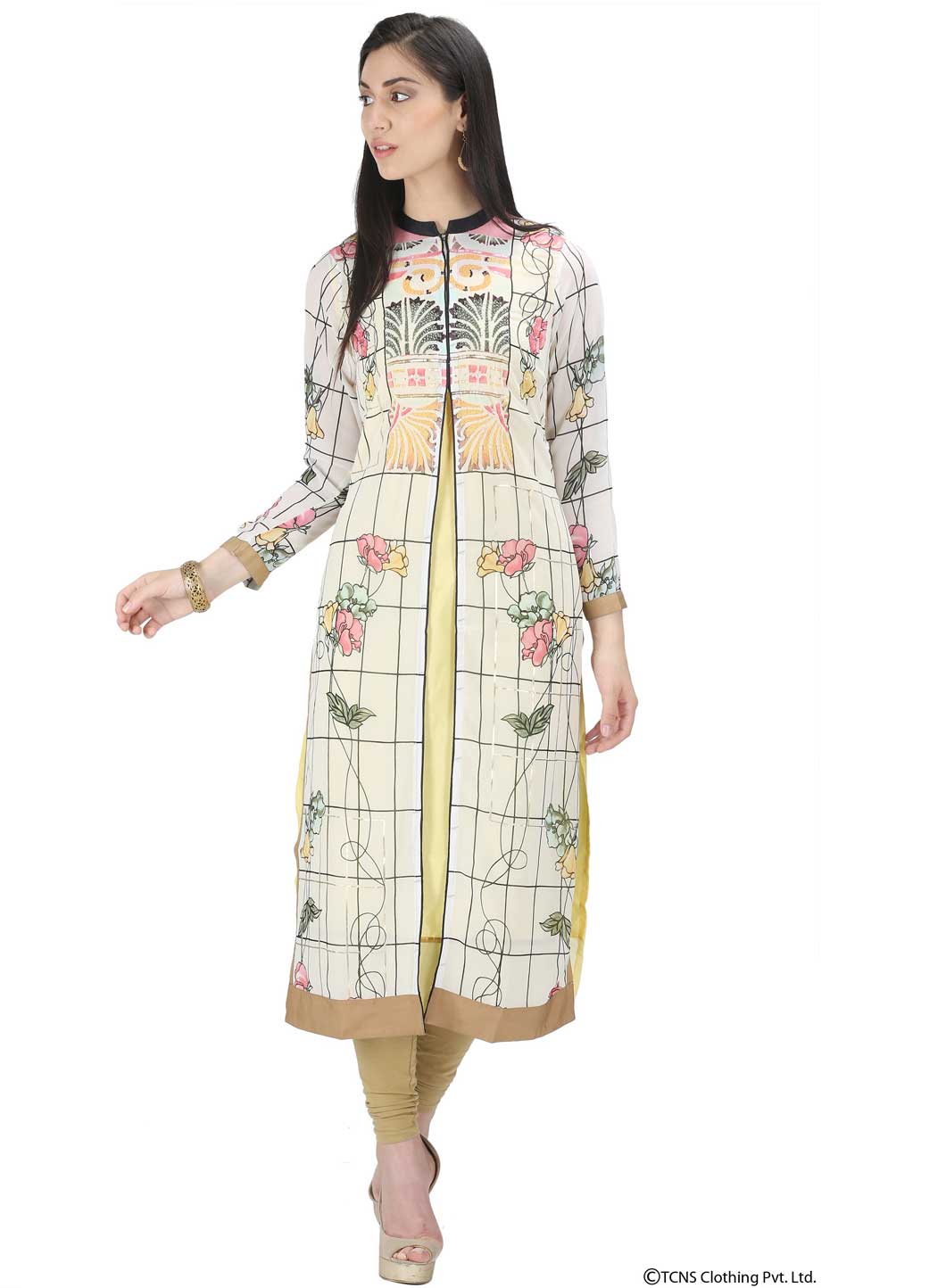 White Printed 3/4 Sleeve kurta