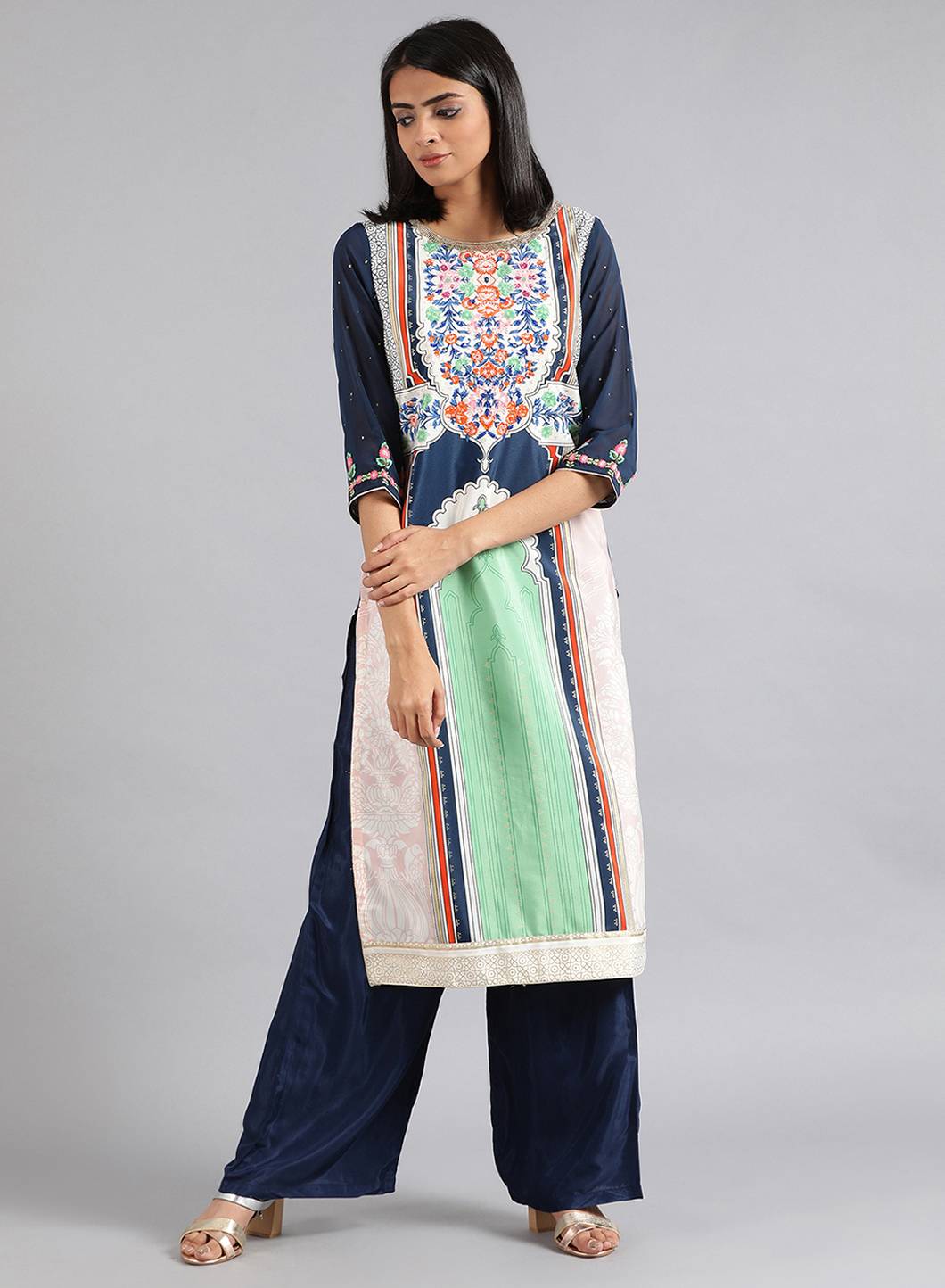 Blue &amp; Green Round Neck Printed kurta