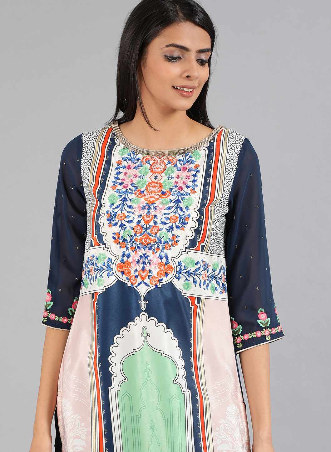 Blue &amp; Green Round Neck Printed kurta