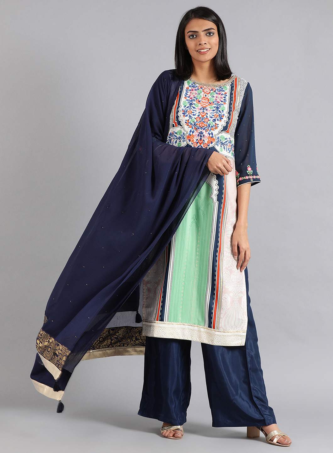 Blue &amp; Green Round Neck Printed kurta