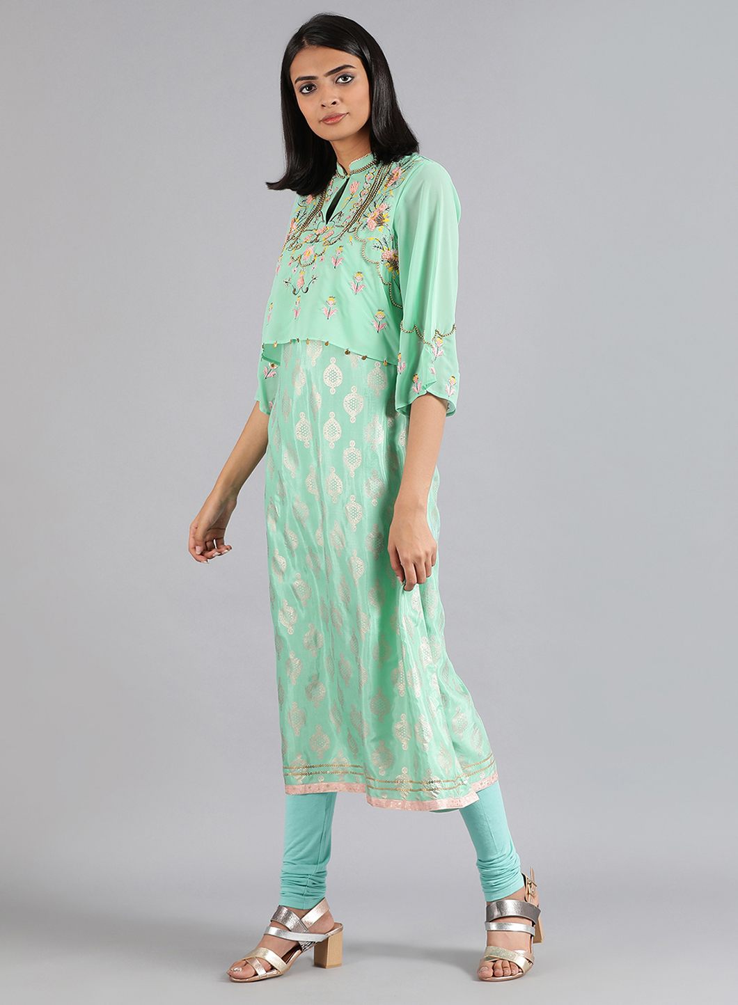 Green Mandarin Neck Floral Print kurta