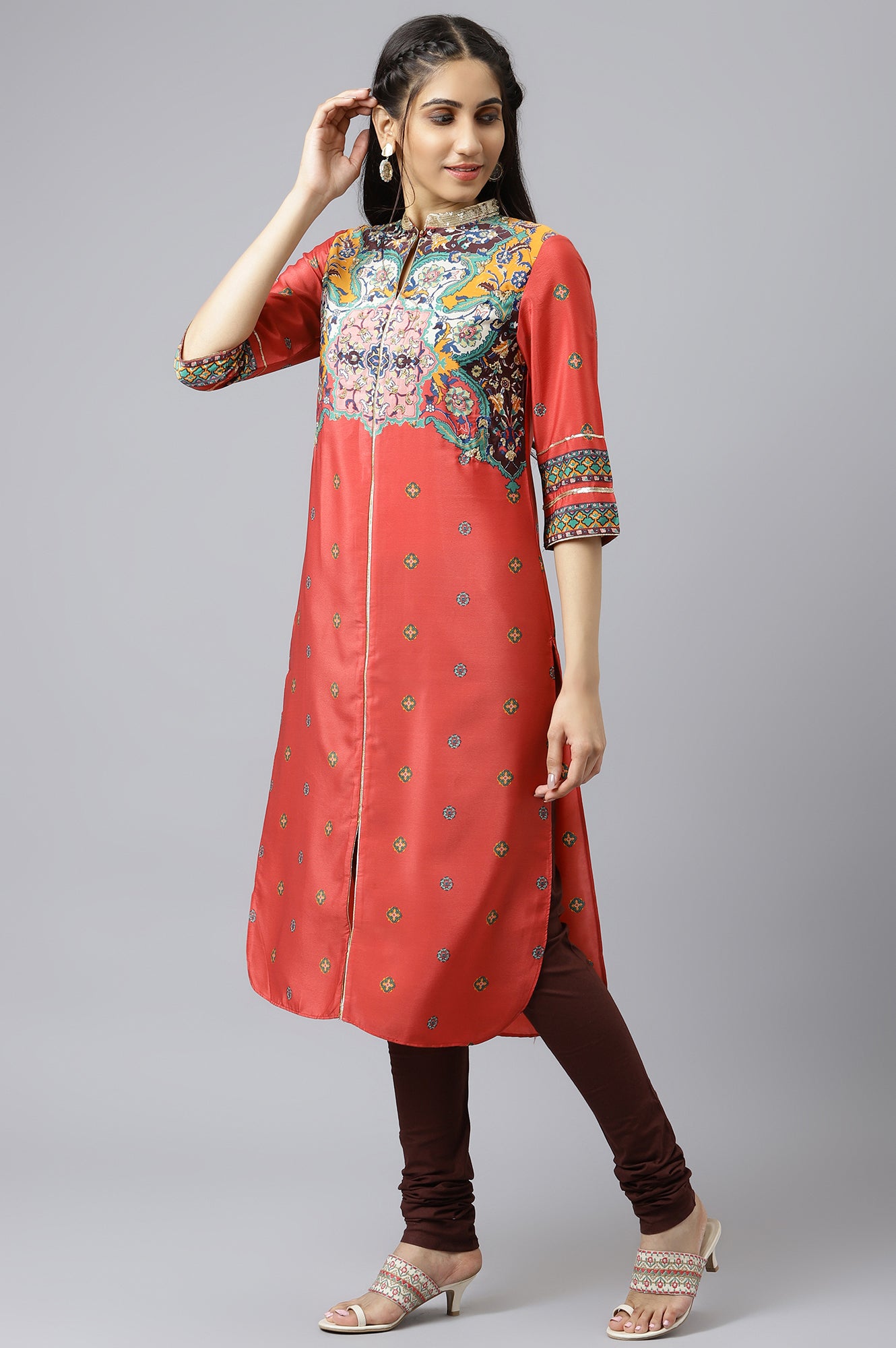 Red Multi Coloured Straight kurta