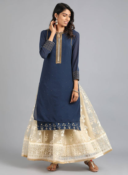 Blue Round Neck Solid kurta