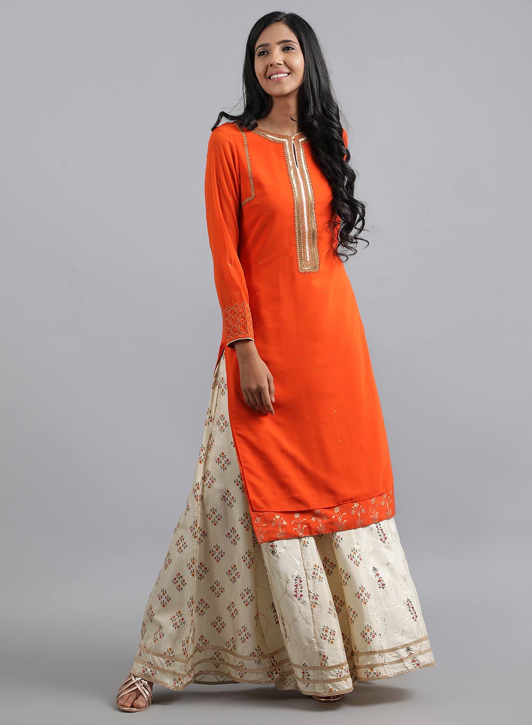 Orange Round Neck Solid kurta