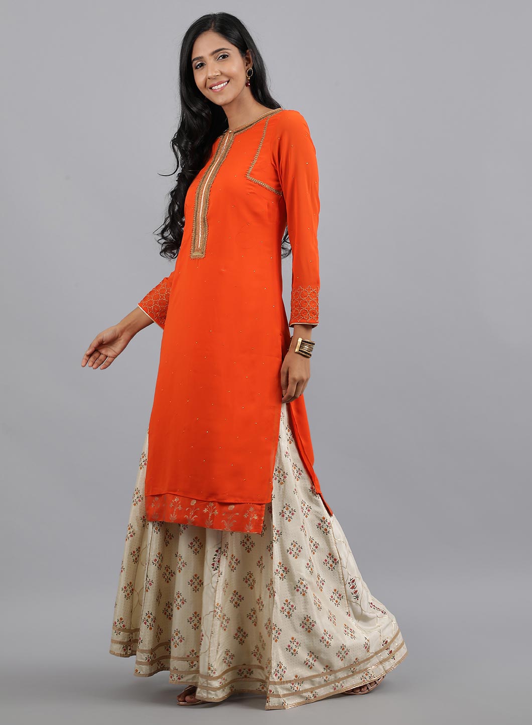 Orange Round Neck Solid kurta