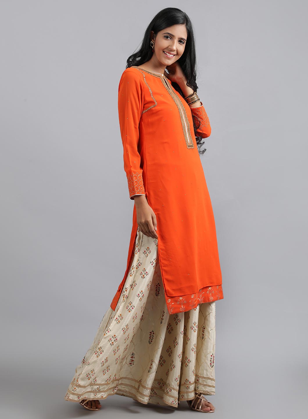 Orange Round Neck Solid kurta