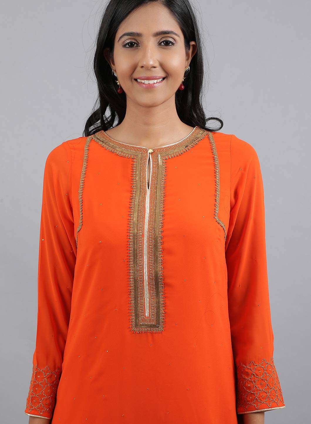 Orange Round Neck Solid kurta