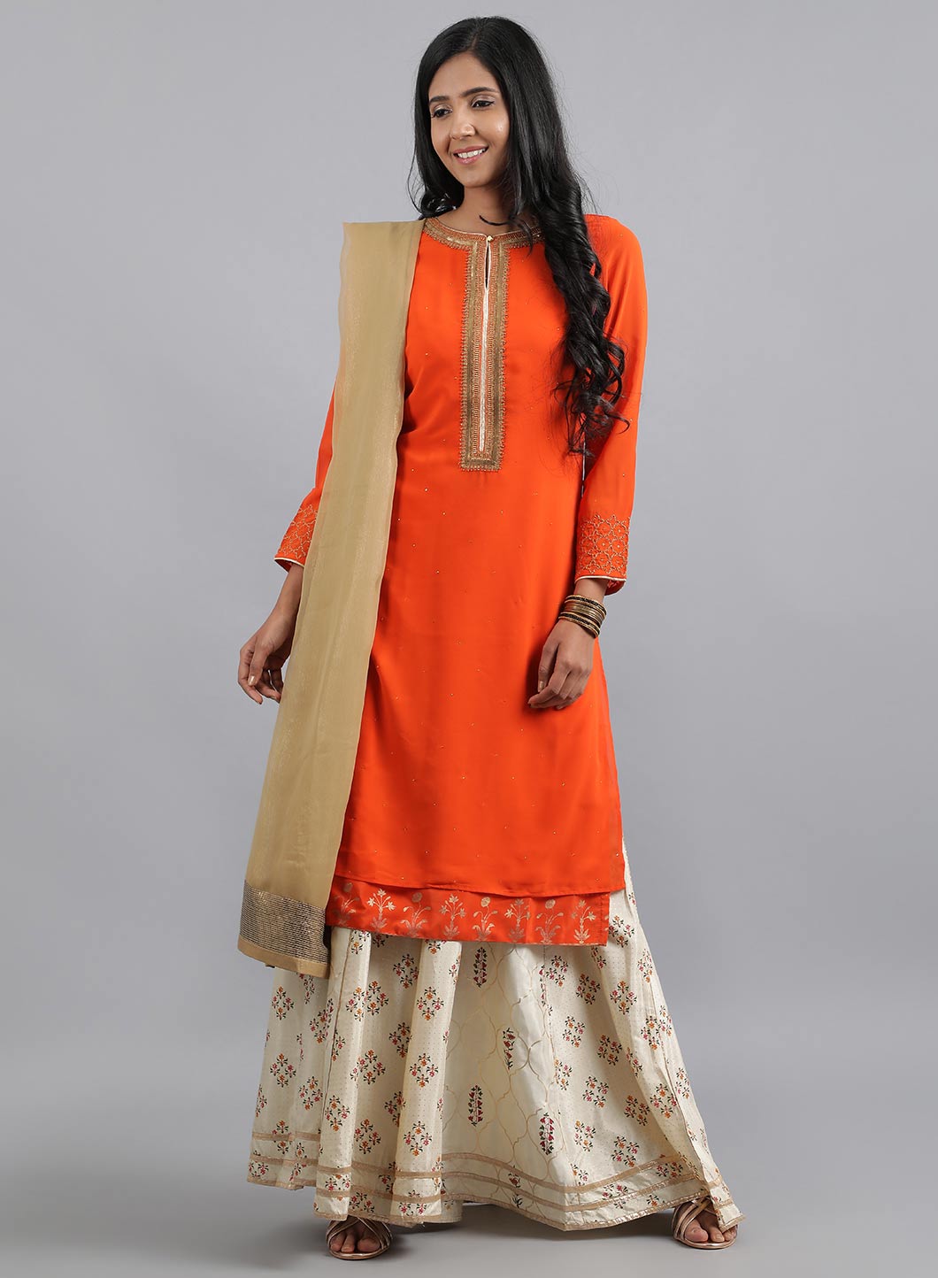 Orange Round Neck Solid kurta