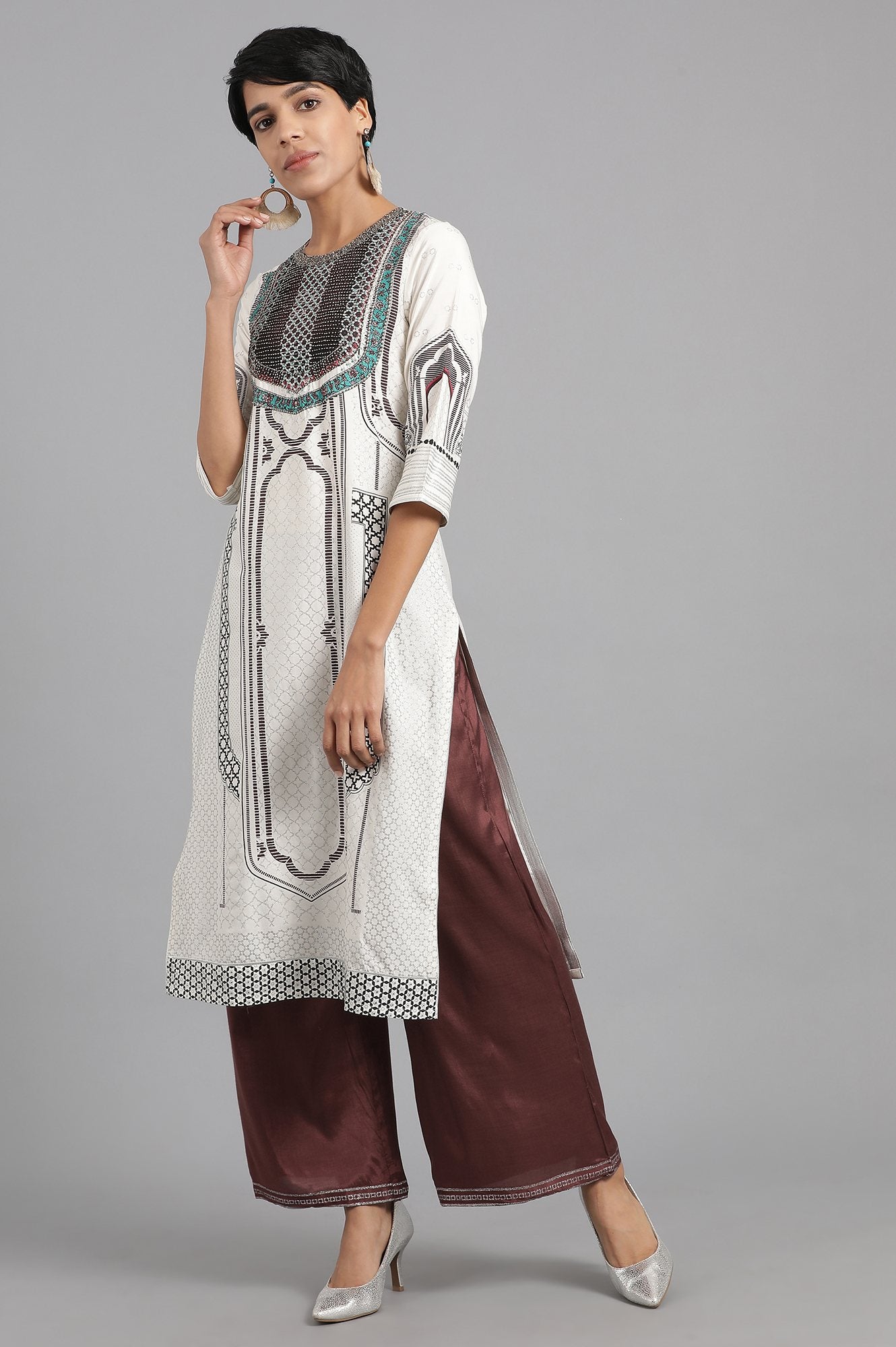 Ecru Round Neck Printed kurta