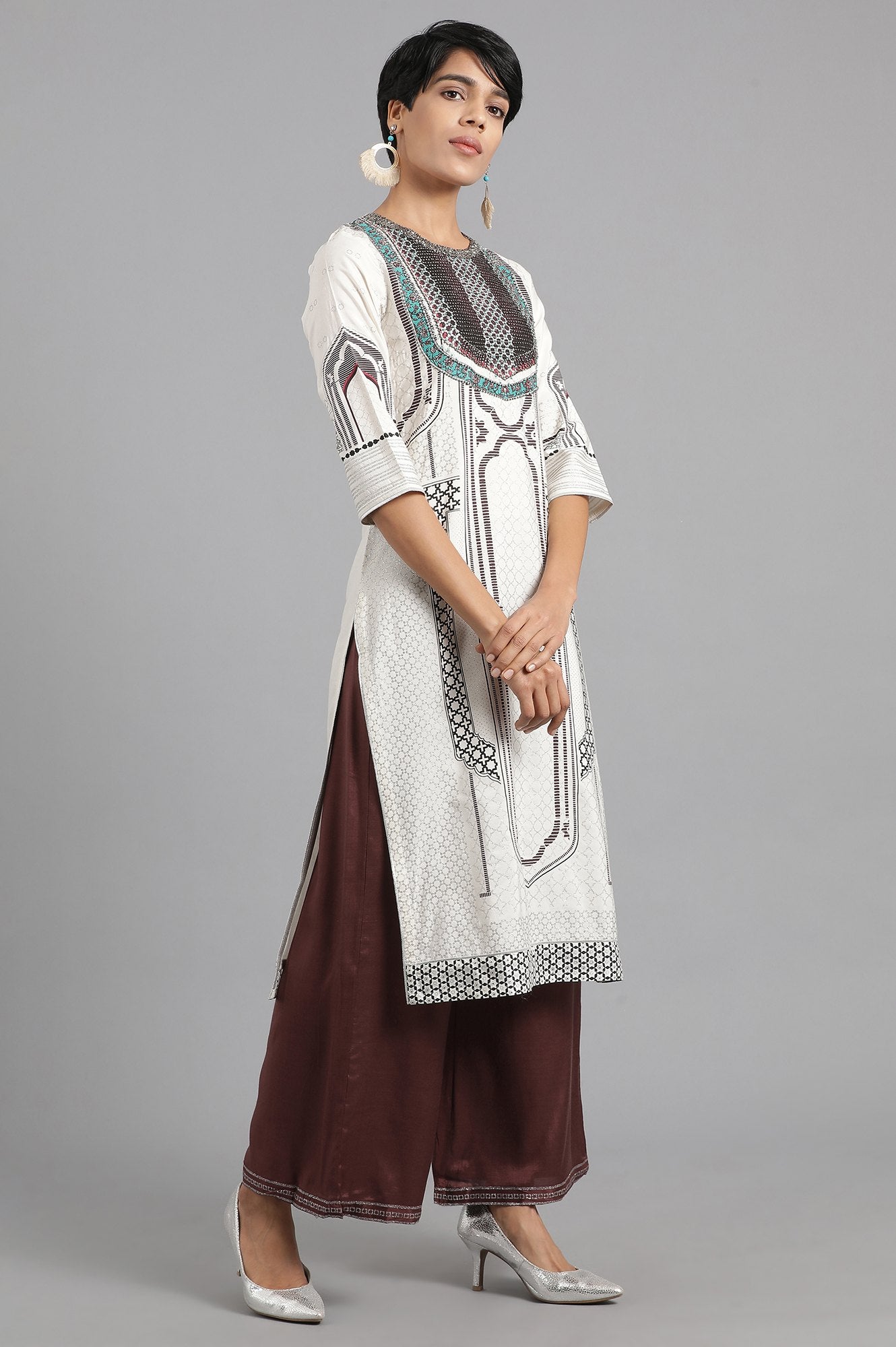 Ecru Round Neck Printed kurta