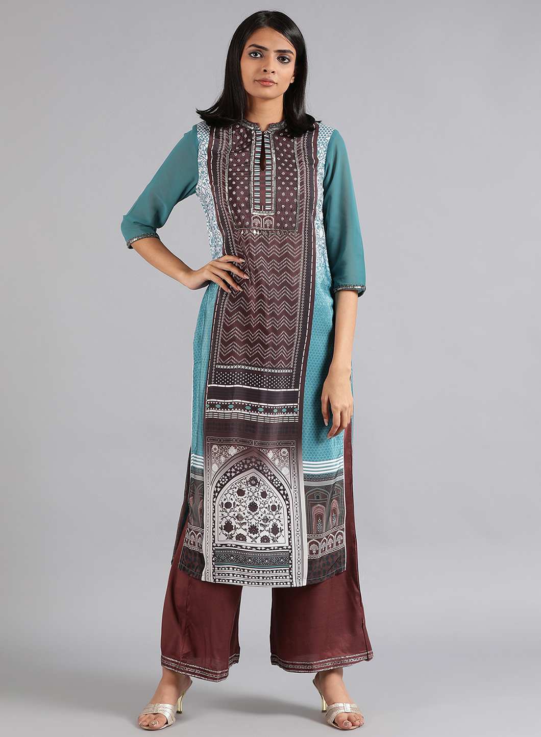 Green &amp; Brown Mandarin Neck kurta