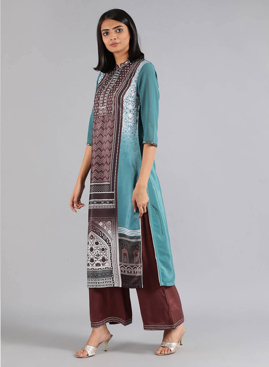 Green &amp; Brown Mandarin Neck kurta