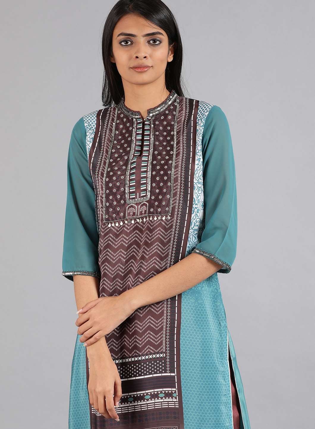 Green &amp; Brown Mandarin Neck kurta