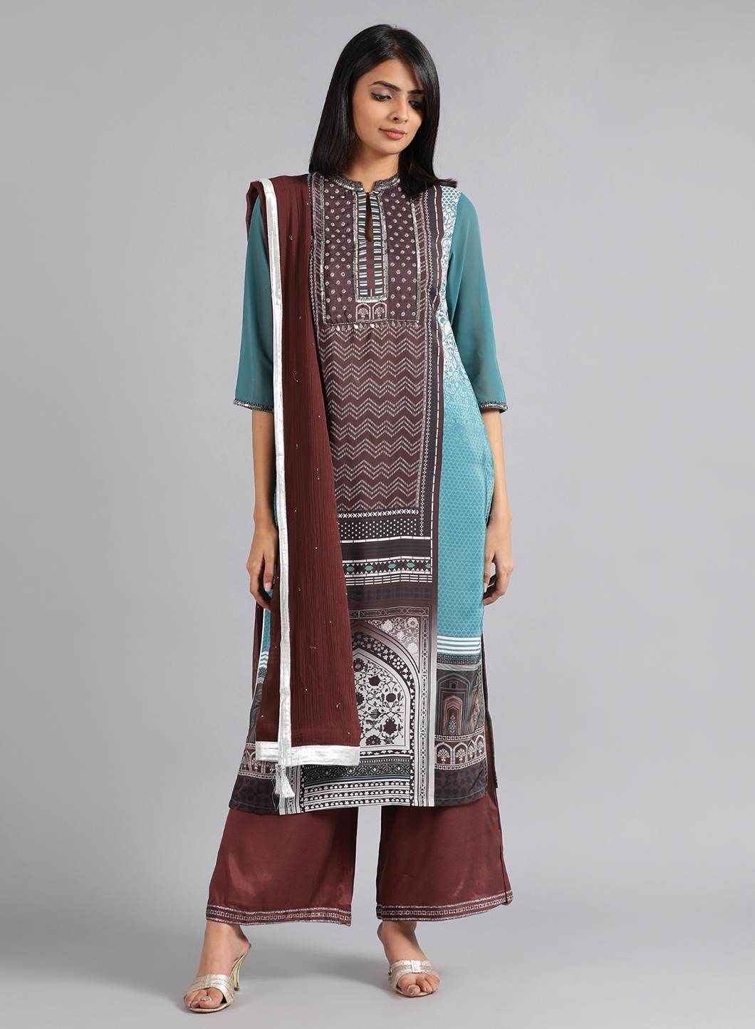 Green &amp; Brown Mandarin Neck kurta