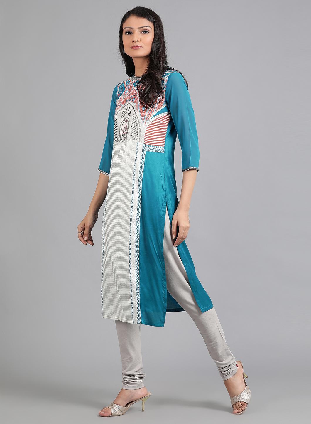 Blue Round Neck Printed kurta