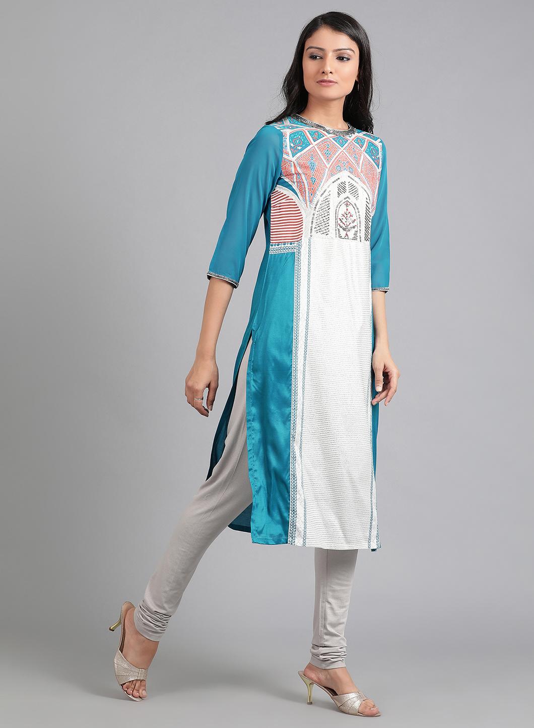 Blue Round Neck Printed kurta