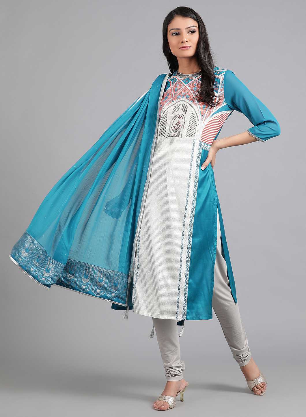 Blue Round Neck Printed kurta