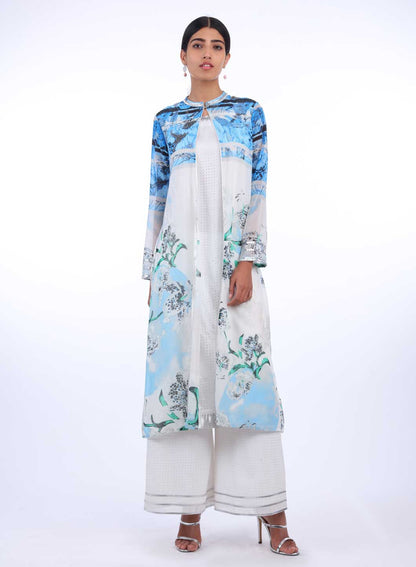 Blue &amp; White Printed Layered kurta