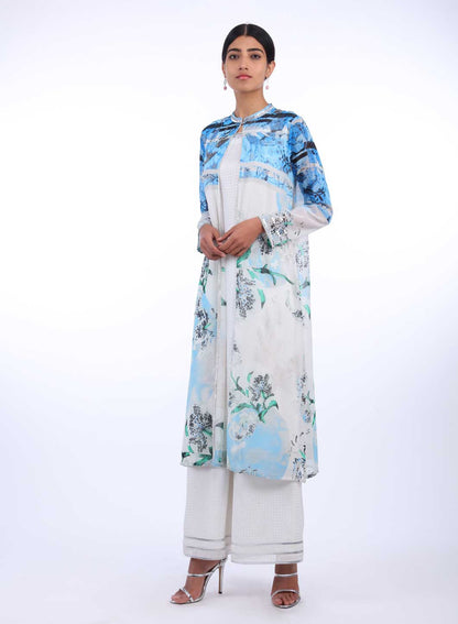 Blue &amp; White Printed Layered kurta