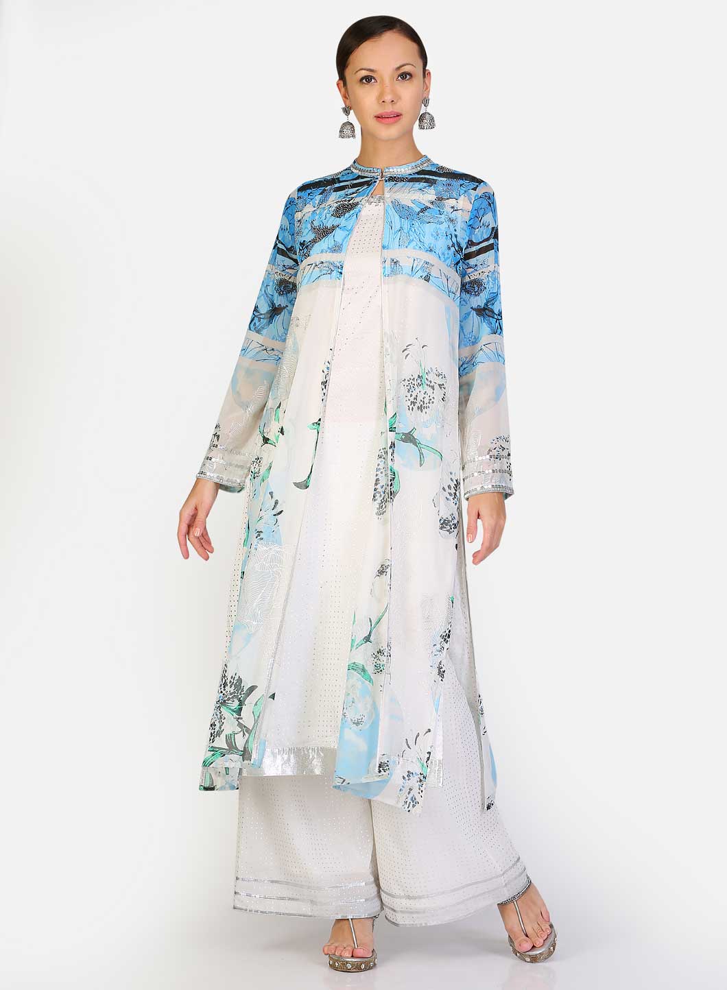 Blue &amp; White Printed Layered kurta