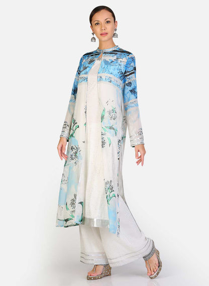 Blue &amp; White Printed Layered kurta