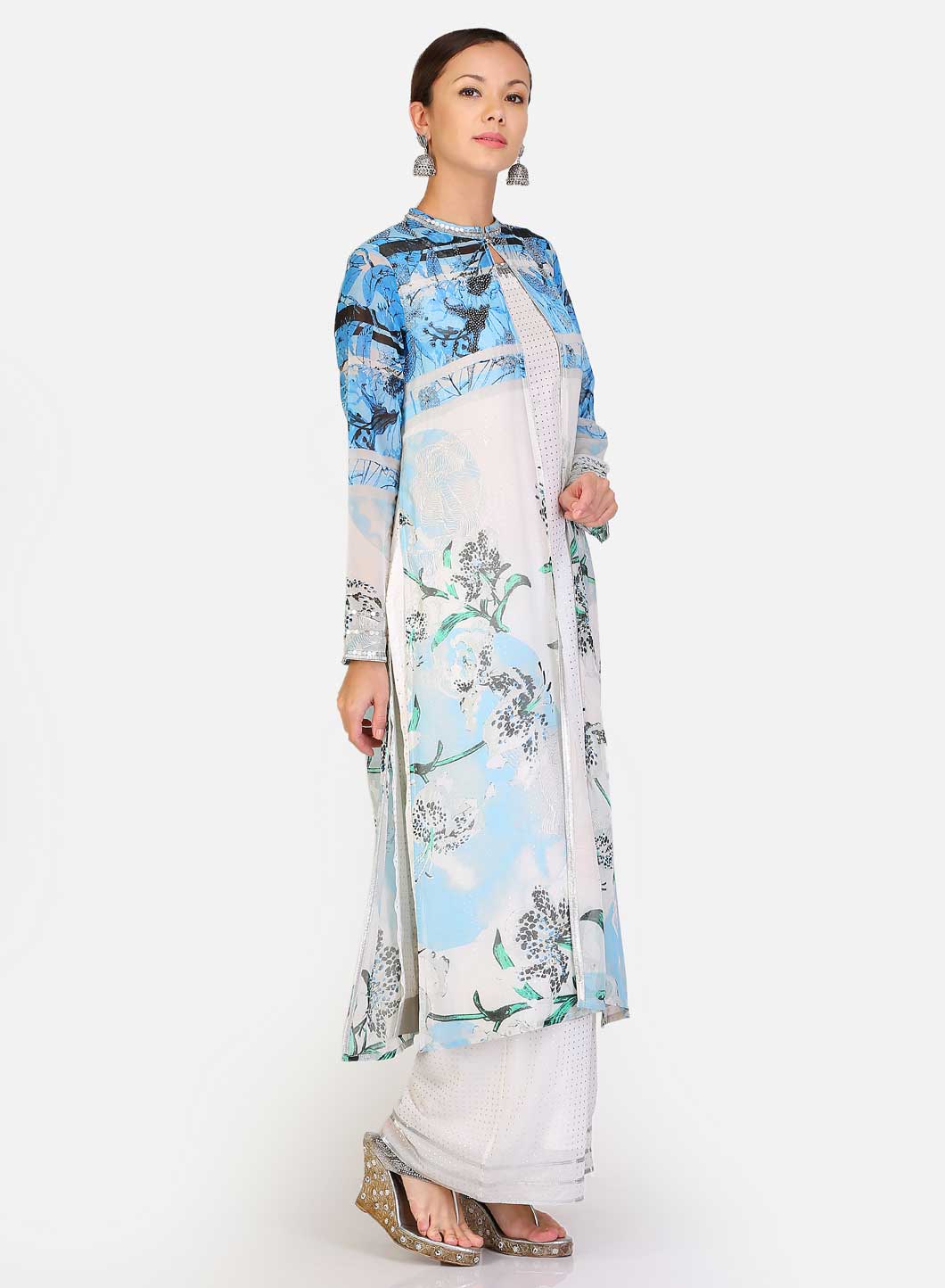 Blue &amp; White Printed Layered kurta