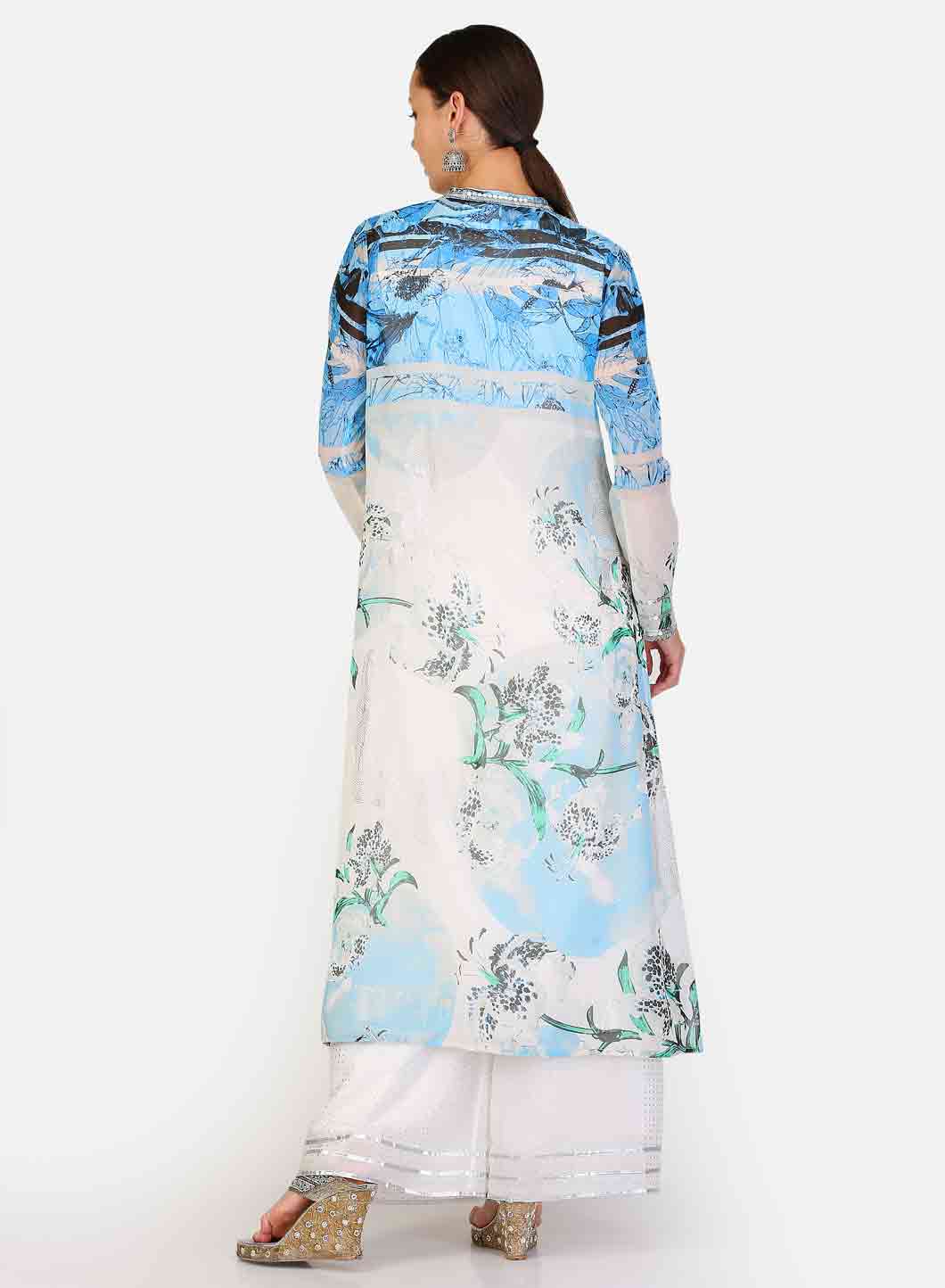 Blue &amp; White Printed Layered kurta