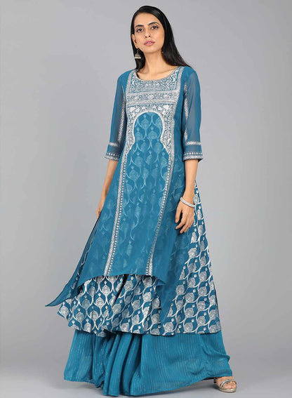 Blue Round Neck Layered Printed kurta