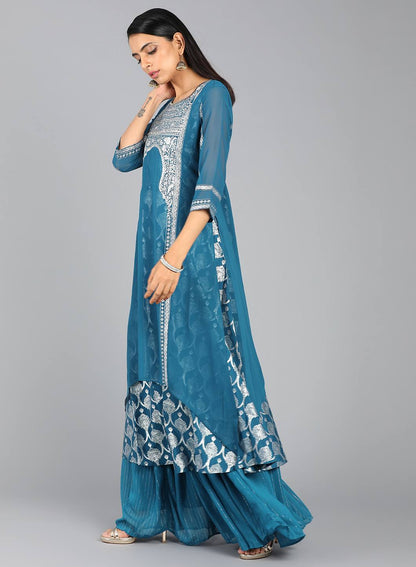 Blue Round Neck Layered Printed kurta